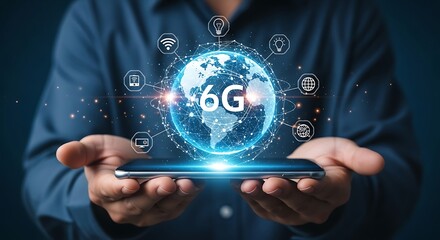 Hands holding a smartphone displaying a glowing 6g globe with surrounding technology icons, representing nextgen connectivity