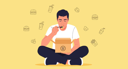 Minimalist Illustration Of A Person Enjoying Takeout Food In A Meditative Posture