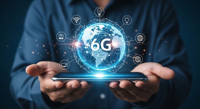 Hands holding a smartphone displaying a glowing 6g globe with surrounding technology icons, representing nextgen connectivity - Powered by Adobe