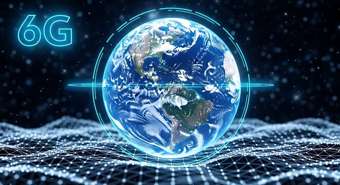 The earth glows, surrounded by a 6g network ring and a digital grid, representing global connectivity