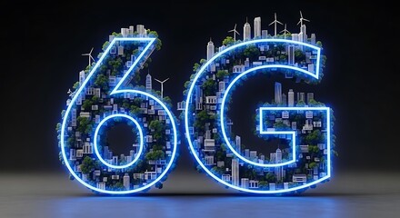 The text 6g formed by a futuristic cityscape with glowing blue neon outlines