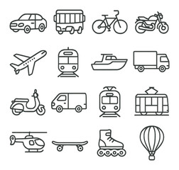 Outline icons of various transportation modes including car, bus, bicycle, and motorcycle