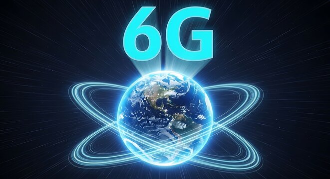 The future of global connectivity 6g technology encircling planet earth with futuristic light trails - Powered by Adobe