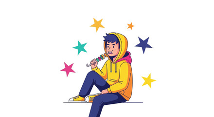 Joyful Youth Savoring Sweet Treat Surrounded By Vibrant Stars and Celebration