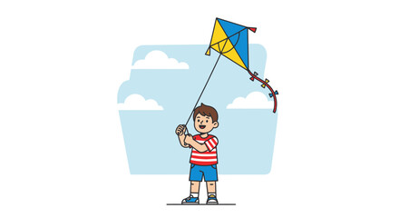 Joyful Youth Flies a Colorful Kite in a Sunny Sky for Outdoor Summer Recreation