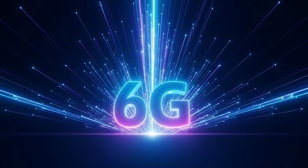 Abstract visualization of 6g technology with glowing blue and purple light trails emanating outwards on a dark background