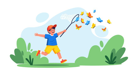 Joyous Pursuit: A Young Explorer Chasing Butterflies Amongst Verdant Flora