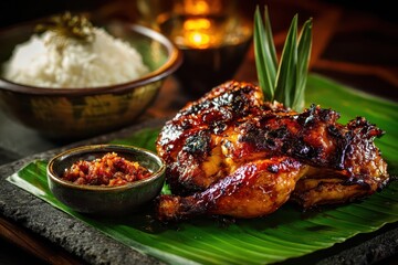 Delicious Indonesian Grilled Chicken Ayam Bakar on Banana Leaf.