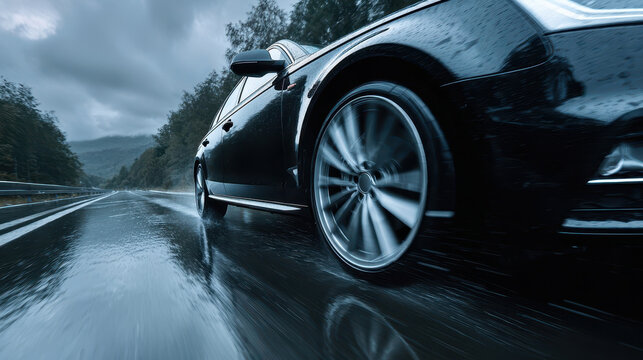 Black car driving fast on wet road during a rainy day