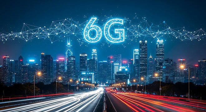 Futuristic cityscape at night with 6g network visualization connecting skyscrapers and light trails