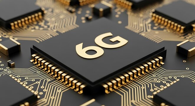 Closeup of a 6g microchip on a circuit board, representing the core technology powering future highspeed networks