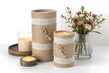 Cozy home decor with lit candles and a bouquet of flowers