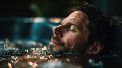 Relaxed man enjoying hydrotherapy in hot tub with closed eyes