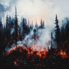 Forest fire raging through dense trees with smoke billowing into the sky, showcasing the destructive power of nature and the urgency of environmental awareness