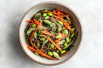 Delicious soba noodle salad with edamame and carrots.