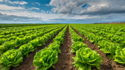 Lettuce growing in fertile field under cloudy sky