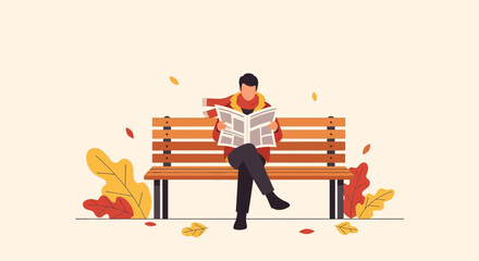 Leisure Time: A Person Reading News Sitting Comfortably on a Bench in Autumn