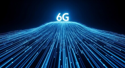 Abstract representation of 6g network technology with glowing blue light streams converging upwards