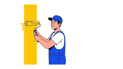 Painter at Work: A skilled painter meticulously applies a vibrant layer of yellow paint to a clean wall using a roller, showcasing precision and craftsmanship.