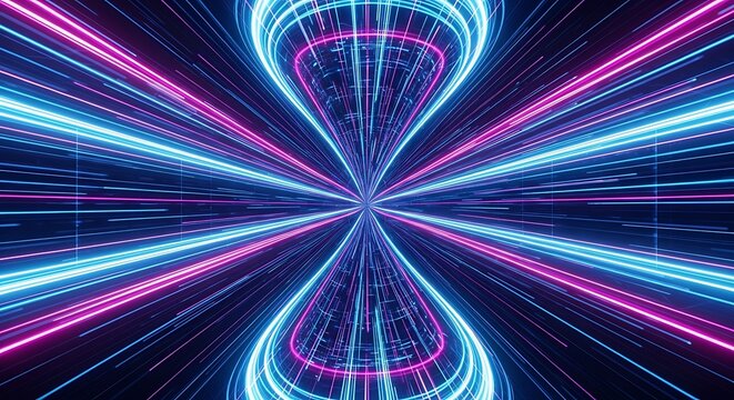 Symmetrical tunnel of glowing blue and pink light streaks creating an hourglass effect