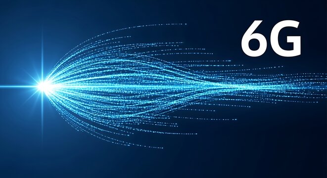 Conceptual image of 6g technology with a bright light source emitting blue energy streams outwards
