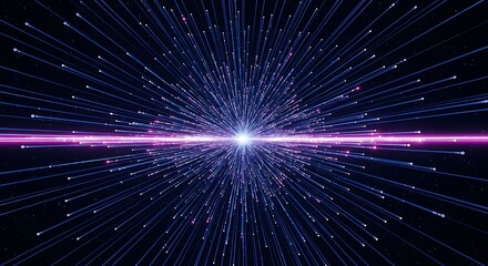 Abstract explosion of blue and purple light particles from a central bright point