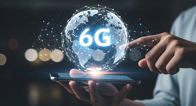 Person holding a smartphone displaying a glowing 6g network hologram of the earth