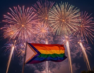 Vibrant rainbow flag waves proudly under a dazzling fireworks display, celebrating pride and freedom.