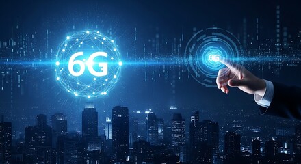 Hand touching a glowing 6g network sphere above a futuristic city skyline