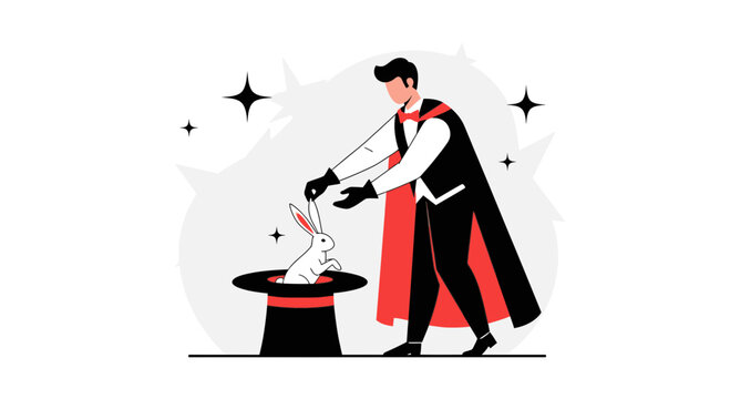 Magician Performing Magical Trick with Rabbit Emerging from Hat in a Stylish Illustration