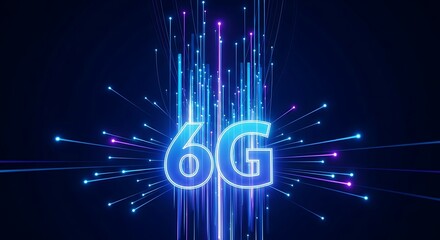 Abstract visualization of 6g technology with glowing blue and purple light streaks emanating outwards