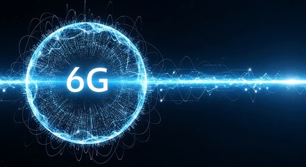 Glowing 6g sphere with intricate digital patterns and a bright light beam across a dark background