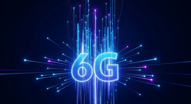 Abstract visualization of 6g technology with glowing blue and purple light streaks emanating outwards