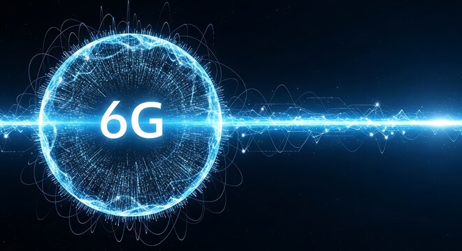 Glowing 6g sphere with intricate digital patterns and a bright light beam across a dark background