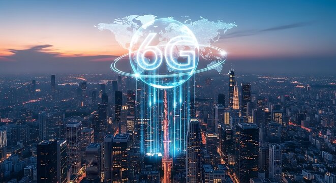 Futuristic 6g network visualization above a modern cityscape at dusk