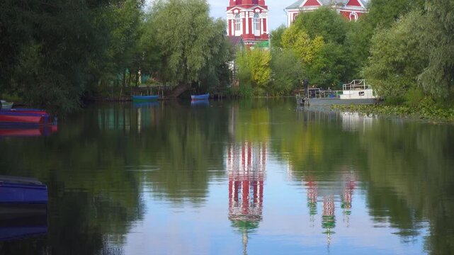 View of Church of the Forty Martyrs of Sebaste reflecting in Trubezh river in Pereslavl-Zalessky, Yaroslavskaya oblast, Russia