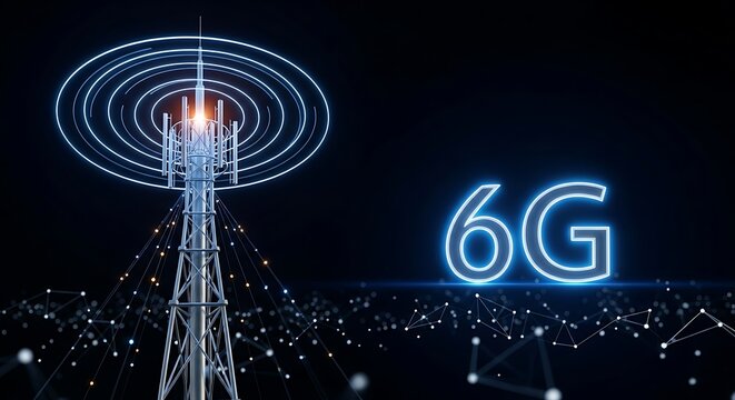 6g technology tower emitting signals with glowing network connections and futuristic blue light
