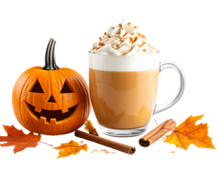  Pumpkin Spice Latte with Whipped Cream and Jack-o’-Lantern, Realistic Halloween PNG