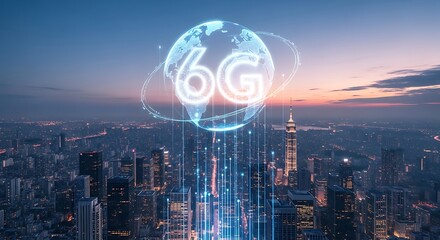 6g network technology concept with glowing globe and city skyline at dusk
