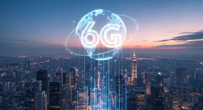 6g network technology concept with glowing globe and city skyline at dusk