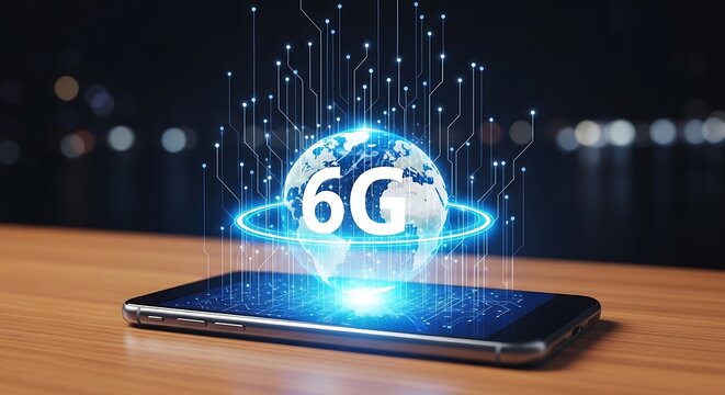 Smartphone displaying the 6g logo with digital connections radiating outwards