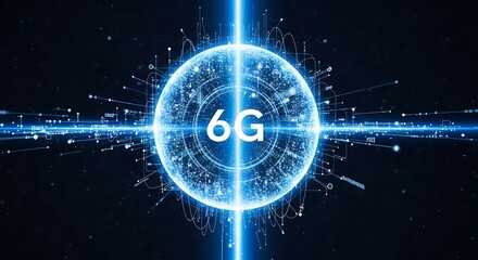 Futuristic 6g network concept with glowing sphere and digital particles