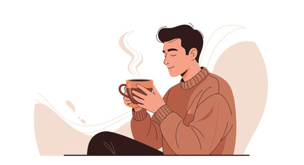 Man Enjoying Steaming Beverage Depicted In Digital Illustration With Subtle Background