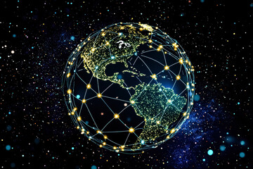 Digital globe illustration showcasing interconnected global networks with bright nodes and lines against a starry cosmic background representing technology and communication