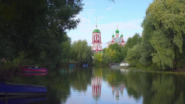 View of Church of the Forty Martyrs of Sebaste reflecting in Trubezh river in Pereslavl-Zalessky, Yaroslavskaya oblast, Russia