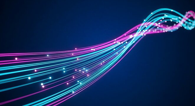 Flowing strands of luminous blue and pink light particles create an abstract digital wave - Powered by Adobe