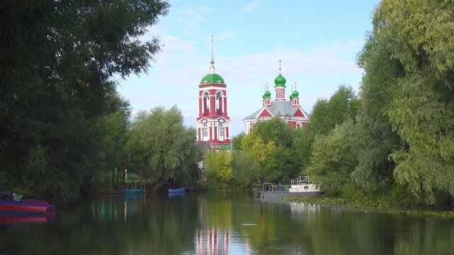 View of Church of the Forty Martyrs of Sebaste reflecting in Trubezh river in Pereslavl-Zalessky, Yaroslavskaya oblast, Russia