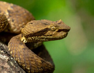 Obraz premium Close-up of a venomous snake with intricate scales, exhibiting a natural, alert posture against a blurred green background.