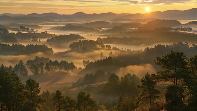 Breathtaking sunrise illuminating a misty mountaintop pine forest filled with tranquility and beauty