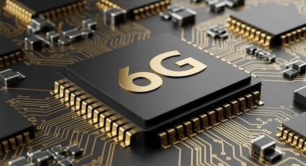 Closeup of a 6g chip on a circuit board, representing advanced semiconductor technology
